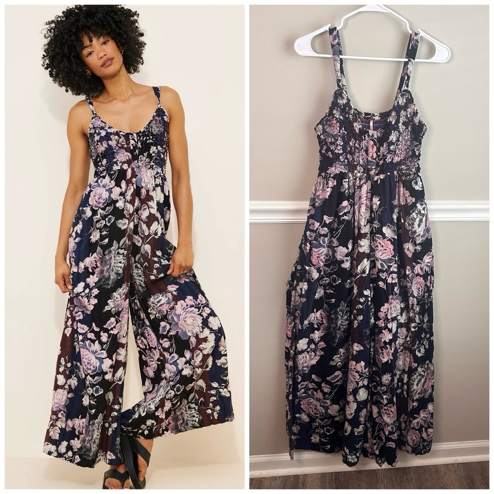 Free People Melrose Jumpsuit S Floral Print Wide Leg Black Purple Boho Hippie